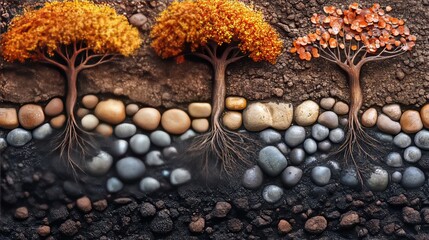 Detailed Cross-Section of Trees with Roots and Soil Layers