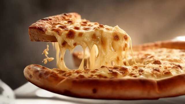 Discover the mouthwatering delight of cheesy pizza being served with gooey strings of melted cheese in a cozy restaurant setting