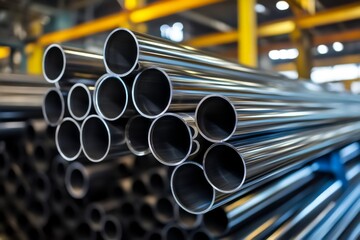 Steel pipes stacked for industry closeup photo