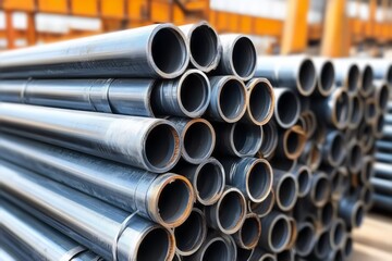 Steel pipes stacked for industry closeup photo