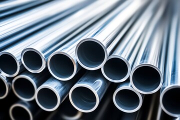 Steel pipes stacked for industry closeup photo