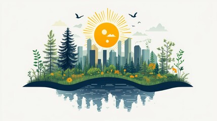 Vibrant Cityscape Surrounded by Lush Nature and Scenic Reflections