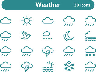 Obraz premium Teal Weather Icons Set Sun Rain Clouds Snow Moon blue green