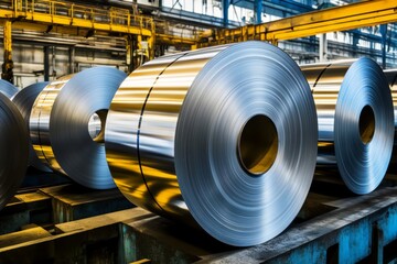 Rolled up Steel plates stacked for industry closeup photo