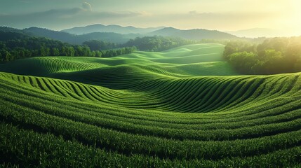Lush Green Rolling Hills of Tea Plantation Under Soft Evening Light