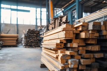 Wooden blocks are neatly stacked and awaiting processing