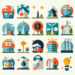Obraz premium Flat Style Vector Icons – Renewable and Green Energy Concepts