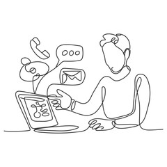 One line man writing and study with help laptop. Continuous one line drawing of a man. Business concept. A man sits on the floor and holding a laptop isolated on a white background.Young businessman.