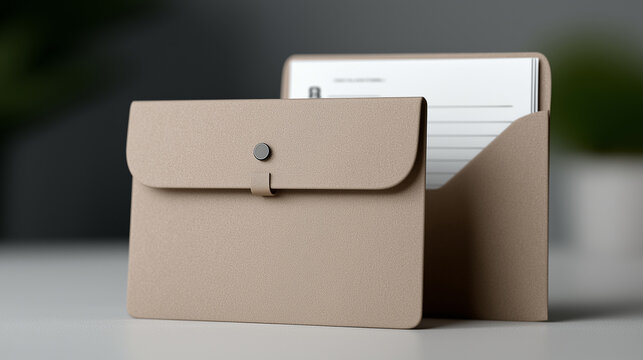 Clean document folder design with front flap and visible internal documents, isolated for catalog use, document folder, office stationery, letter size, envelope folder, paper storage, branding mocku

