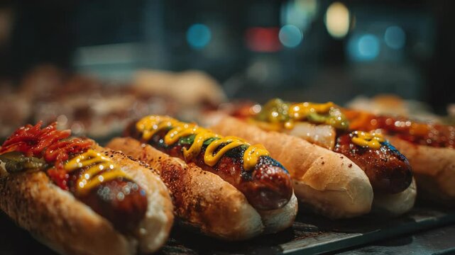 Grilled hot dogs topped with mustard and chili on a serving tray  