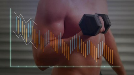 Man performing dumbbell curls in gym causing bar graph fluctuating with reps tracking performance
