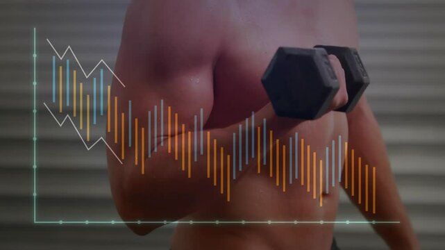 Man performing dumbbell curls in gym causing bar graph fluctuating with reps tracking performance