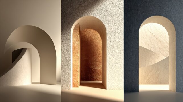 Minimalist architectural arches with light and shadow contrast in abstract interior design triptych