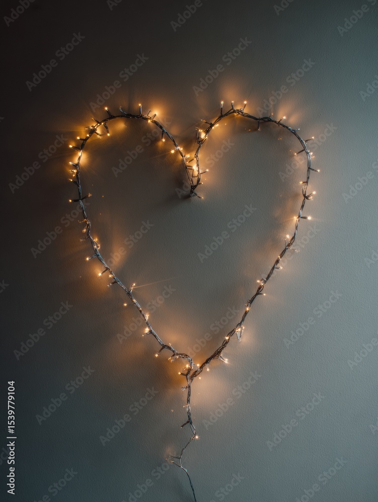 Poster Heart-shaped String Lights Create a Warm Ambiance on a Neutral Wall for Cozy Decor and Romantic Settings