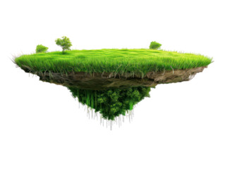 A floating island with lush green grass and trees, set against a transparent background