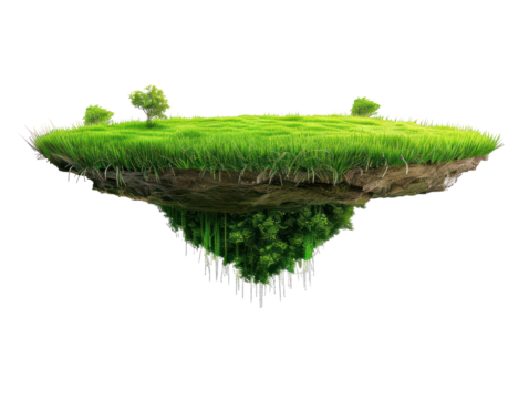 A floating island with lush green grass and trees, set against a transparent background
