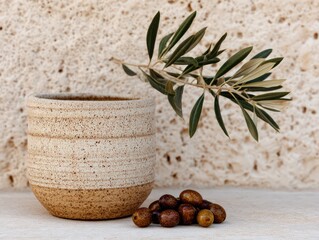 Olive branch resting gracefully beside a textured ceramic pot filled with rich organic earth showcasing natural elegance and rustic charm in minimalistic aesthetics