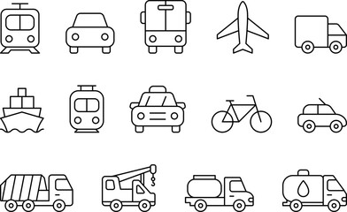 Public Service and Municipal Transport Line Icons Set — Thin Linear Vector Symbols of Travel and Transit