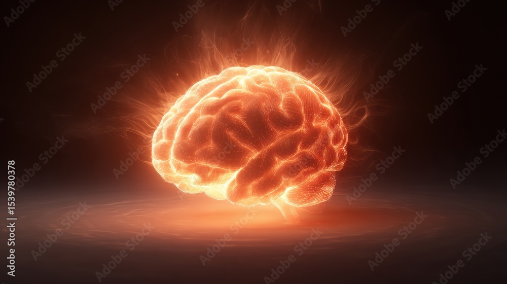 Aufkleber Overheated Brain Symbol Shines Within Head, Surrounded by Soft Gradients in an Abstract Representation of Cognitive Stress and Mental Overload
