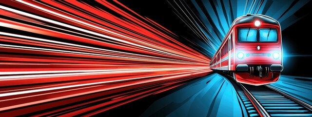 Red Train Speeding Through Dark Tunnel with Dynamic Blue and Red Light Trails