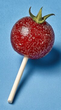 Naklejki Red Tomato Shaped Lollipop on Light Blue Background