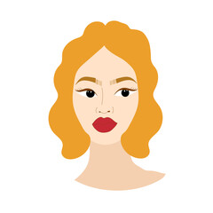 Flat vector young women portrait with bright color hair, red big lips, fashion design
