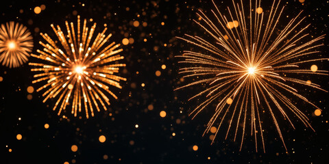 Illustration of golden fireworks exploding against a dark night sky with sparkling particles, creating a festive and celebratory atmosphere with bright, radiant bursts of light for graphic resources.