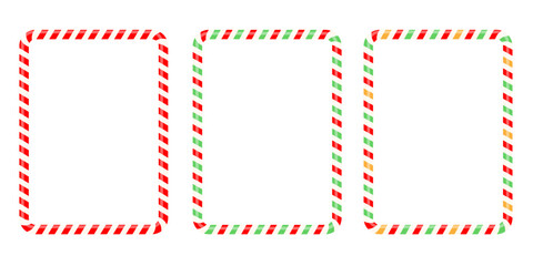 Set rectangle candy frames, Candy cane  set decorations, frame, red white straight lines, realistic, collection  Holiday elements. Xmas Striped candy ca