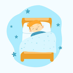 Flat vector illustration sleeping boy in the bed , kid cozy health, for greeting card, poster