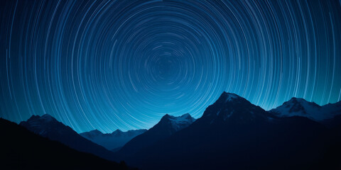 Time-lapse photography of star trails circling above snow-capped mountains under a dark blue sky, showcasing the Earth's rotation and celestial beauty with a sense of wonder and vastness for landscape