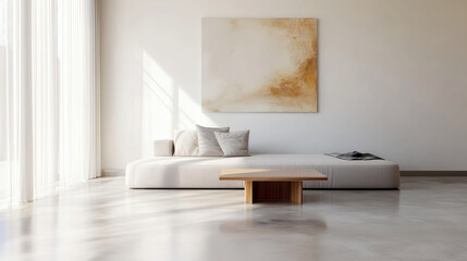 Minimalist living room with a white sofa, a wooden coffee table, and a large window with sheer curtains, showcasing a clean and modern design with natural light and neutral tones for lifestyle.