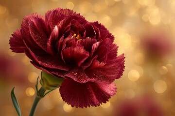 Rich maroon carnation on a golden bokeh background, Eid al-Fitr celebration concept, warm and festive floral artwork