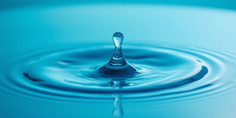 Close-up shot of a water droplet impacting a calm blue surface, creating ripples and a splash, showcasing the beauty and physics of fluid dynamics with a clean and minimalist aesthetic for environment