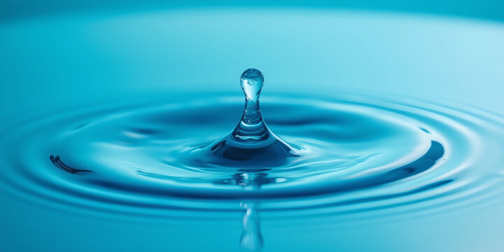 Close-up shot of a water droplet impacting a calm blue surface, creating ripples and a splash, showcasing the beauty and physics of fluid dynamics with a clean and minimalist aesthetic for environment