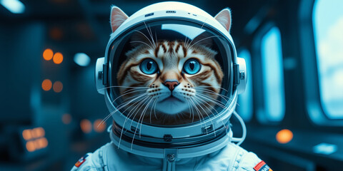 Illustration of a cat wearing an astronaut helmet in a spaceship, creating a whimsical and humorous scene with a focus on space exploration and feline charm for animals.
