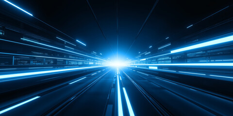 Abstract blue light trails converging towards a central bright light source, creating a sense of speed and futuristic technology with a dynamic and high-tech aesthetic for technology.