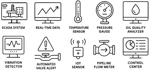 Digital Oil and Gas Monitoring Icons – Black and White Outline Vector Set with English Labels