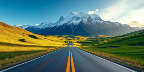 Scenic view of a long, straight road leading towards snow-capped mountains under a blue sky, showcasing a vast and open landscape with green fields and a sense of adventure for landscapes.