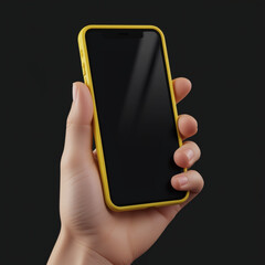 Hand holding a smartphone with a yellow case against a black background, showcasing mobile technology and design with a focus on the device and its usability for technology.