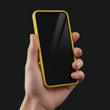 Hand holding a smartphone with a yellow case against a black background, showcasing mobile technology and design with a focus on the device and its usability for technology.