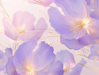 Illustration of light purple flowers with golden accents, creating a delicate and elegant floral design with a soft and dreamy aesthetic for graphic resources.