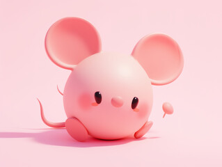 Illustration of a cute, round, pink mouse with big ears and a small tail on a pink background, creating a cheerful and playful scene with a simple and colorful design for animals.