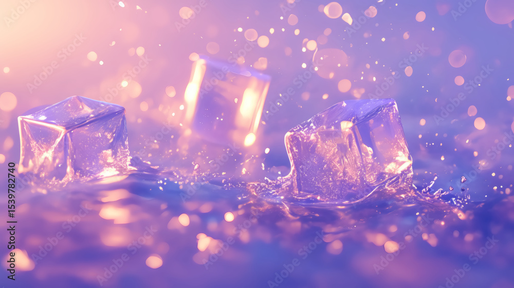 Poster abstract image of ice cubes splashing in water with purple and gold lighting, creating a refreshing 