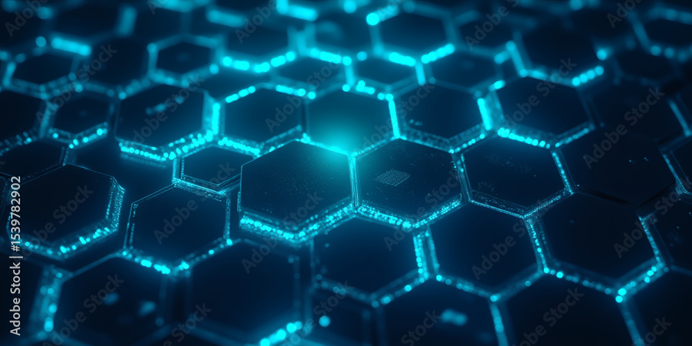 Poster abstract geometric background with glowing blue hexagonal shapes, creating a futuristic and technolo