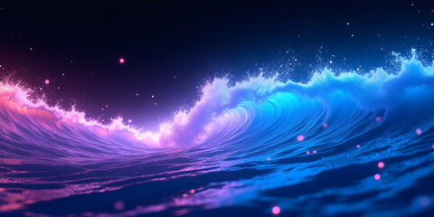 Illustration of a vibrant ocean wave with pink and blue hues, creating a dynamic and surreal scene with a focus on color and movement for graphic resources.