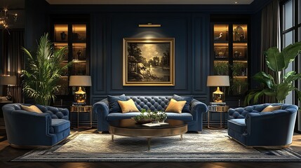 Classic blue color trend interior design featuring stylish furniture and decor. 3D rendering illustration. 