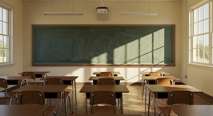 Empty classroom with chalkboard and desks