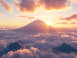 Scenic view of Mount Fuji rising above a sea of clouds at sunset, showcasing the iconic Japanese landmark and the beauty of nature with warm colors and soft light for landscapes.