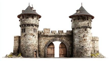 Medieval Castle Gate Entrance with Stone Towers and Wooden Doors isolated on white background