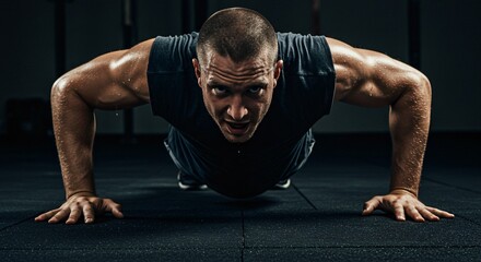Man Dripping With Sweat Doing Push Up Exercises on a Gym Floor Under Harsh Lighting